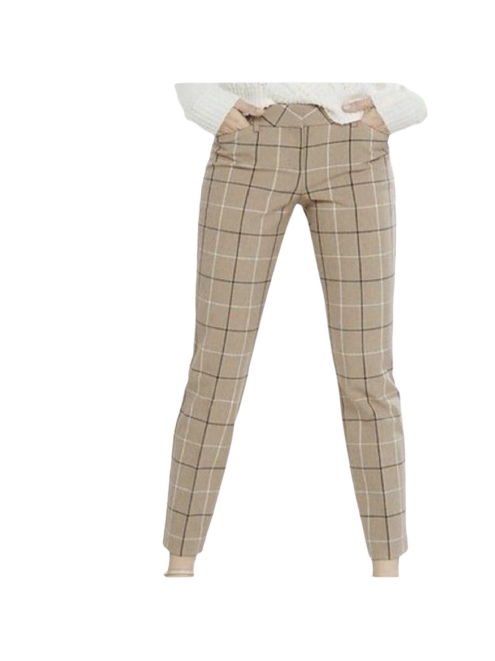 Express Plaid Check Editor Dress Pants Straight Leg Pockets Tan Size 6